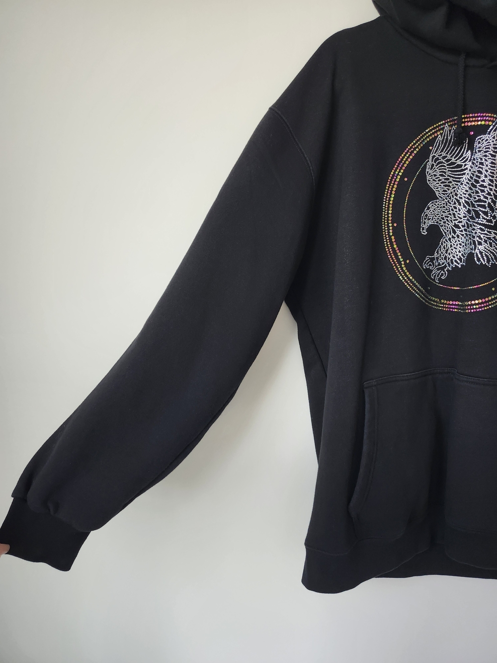 Black Pullover Hoodie with Eagle Rhinestone Graphic - Picture 3 of 9
